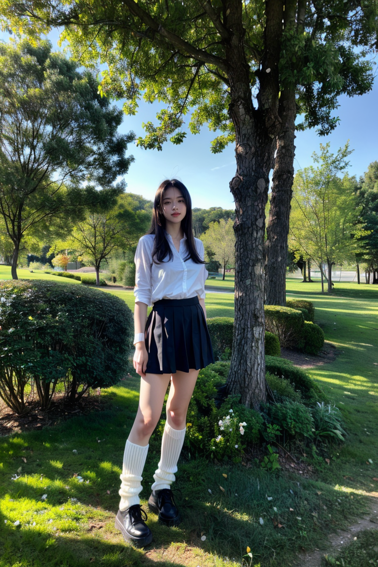 00414-1023499198-1girl, beautiful girl, smile, outdoors, woods, trees, grass, nature, dim lighting, dusk, (full body_1.2), (absurdres, highres, u.png